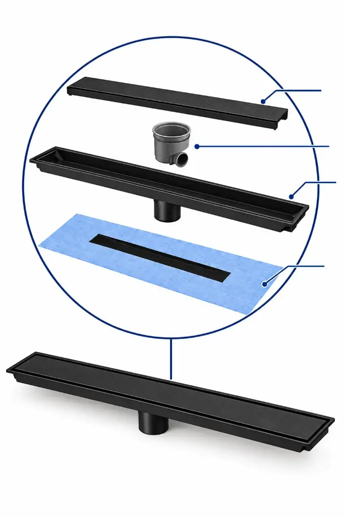 ZetLine Shower Drain, Mat Black, 60cm, Textile Membrane, Odor