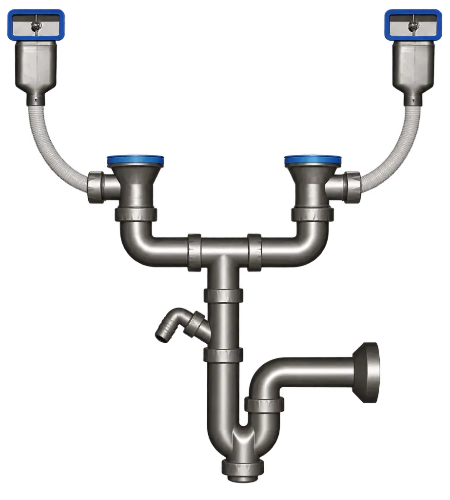 Siphon Set For Double Bowls (2 afvoer + 2 overloop)
