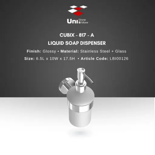 [LBI00126] Cubix - 817-A Liquid Soap Dispenser - Glossy- SS + Glass - 6.5L x 10W x 17.5H